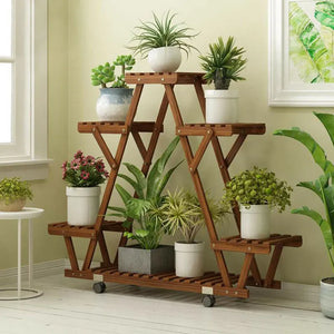 Triangular Plant 6 Shelf, Carbonized Wood with Wheels