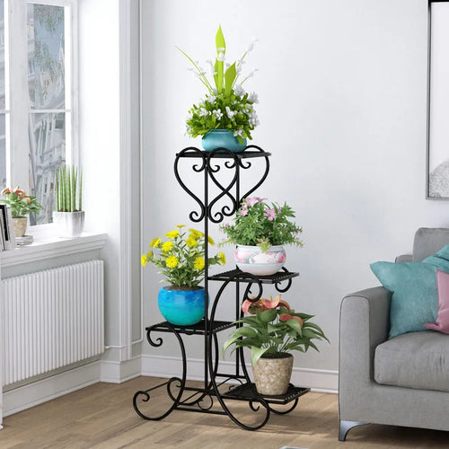 Metal Plant Shelf Flower Stand with 4 Tier Shelves Indoor (Black)