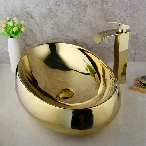 KEMAIDI Luxury 23 Inch Bathroom Vessel Sink Gold Ceramic with Waterfall Faucet
