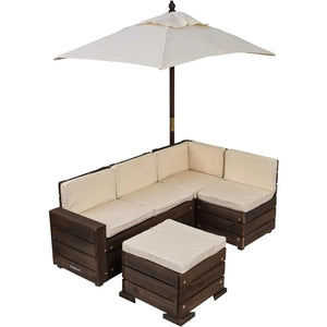 Wooden Outdoor Footstool and Umbrella Set with Cushions