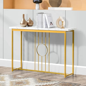 43 Inch Narrow Entryway Table with Metal Golden Base, White Faux Marble