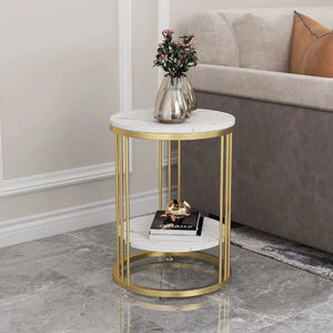 Round Marble Accent Table End 2 Tiers, Gold Metal Frame