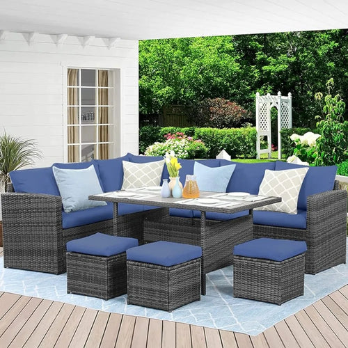7 Piece Outdoor Dining Sectional Sofa With Dining Table and Chairs