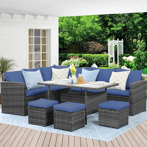 7 Piece Outdoor Dining Sectional Sofa With Dining Table and Chairs