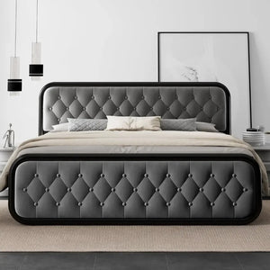 Noise-Free King Size Bed Frame Heavy Duty With Faux Leather Headboard, 12" Under-Bed Storage, Black