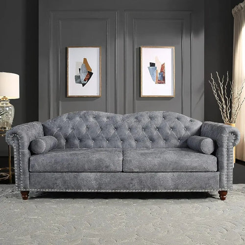 Upholstered Sofa Couch with Deep Seats, Chesterfield Leather with 2 Pillows