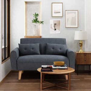 Shintenchi 47" Small Modern Loveseat Sofa, Fabric Upholstered 2-Seat / with 2 Pillows, Wood Legs