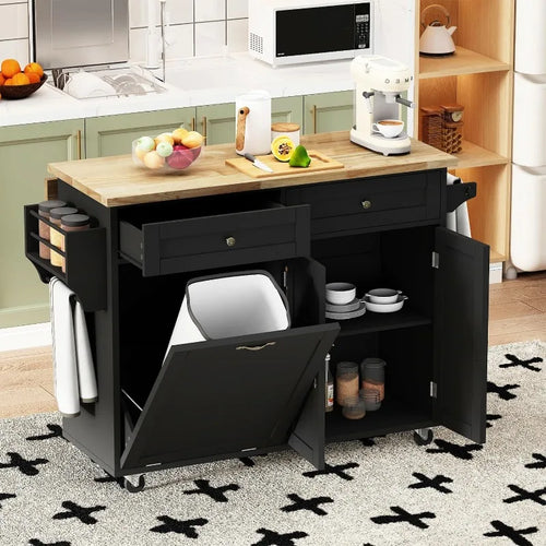 Rolling Kitchen Island with Drop Leaf, Tilt Out 10 Gallon Storage