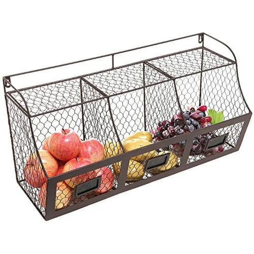 3 Compartment Wall Mount Metal Storage Basket, Large