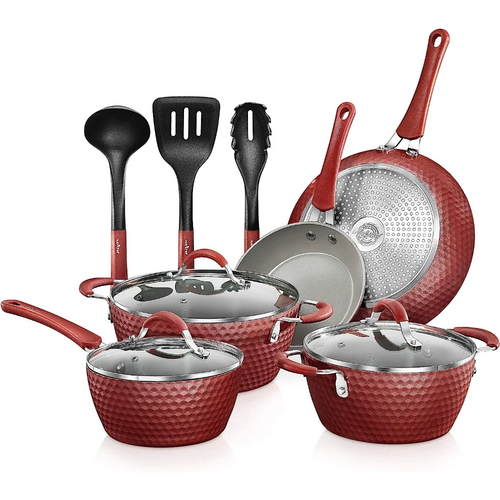 NutriChef Non-Stick Kitchenware Pots & Pans-11 Pcs. with Elegant Diamond Pattern, Gray/Red
