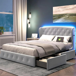 Queen-size bed frame with headboard and 4 drawers, velvet upholstered, with storage