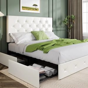 Upholstered full-size platform bed frame with 4 storage drawers and headboard