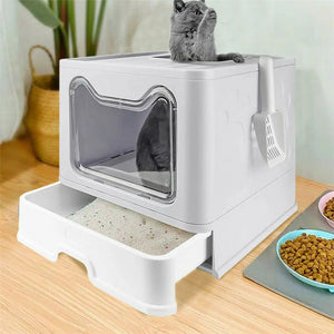 Front Entry / Top Exit Large Cat Litter Box with Lid, Foldable with Plastic Scoop