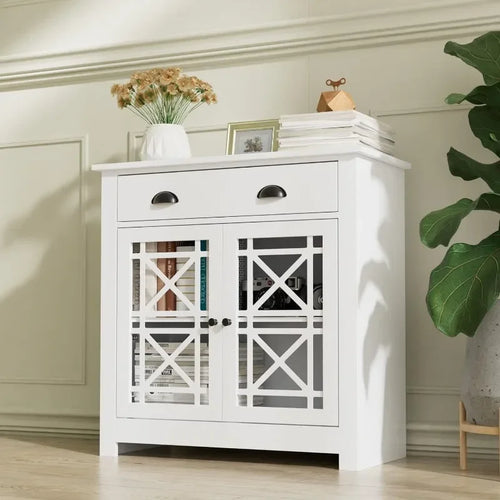 Buffet Sidebord, Kitchen Storage Cabinet with Doors and Adjustable Shelf, White, 31.4