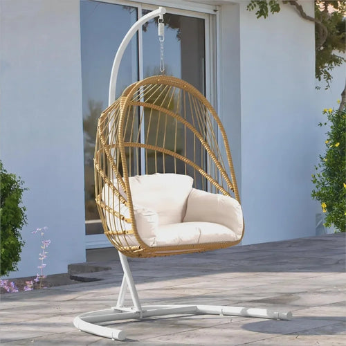 Wicker Swing Egg Chair With Cushions 370lbs - Beige